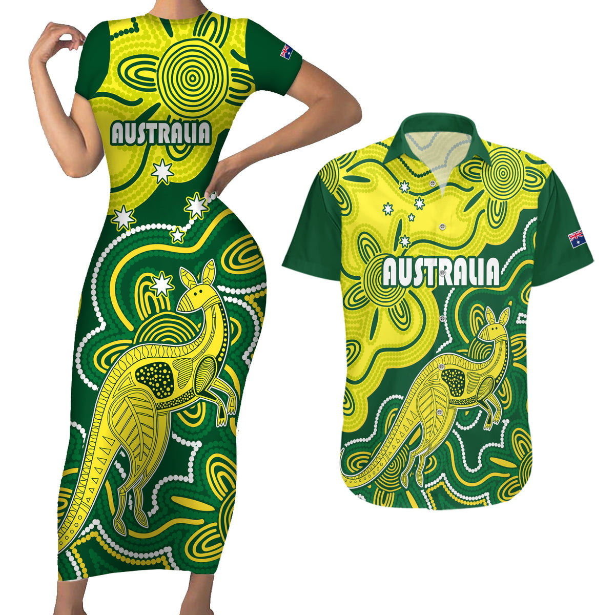 custom-australia-cricket-couples-matching-short-sleeve-bodycon-dress-and-hawaiian-shirt-go-aussie-world-cup-2023-aboriginal-style-unique