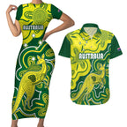 custom-australia-cricket-couples-matching-short-sleeve-bodycon-dress-and-hawaiian-shirt-go-aussie-world-cup-2023-aboriginal-style-unique