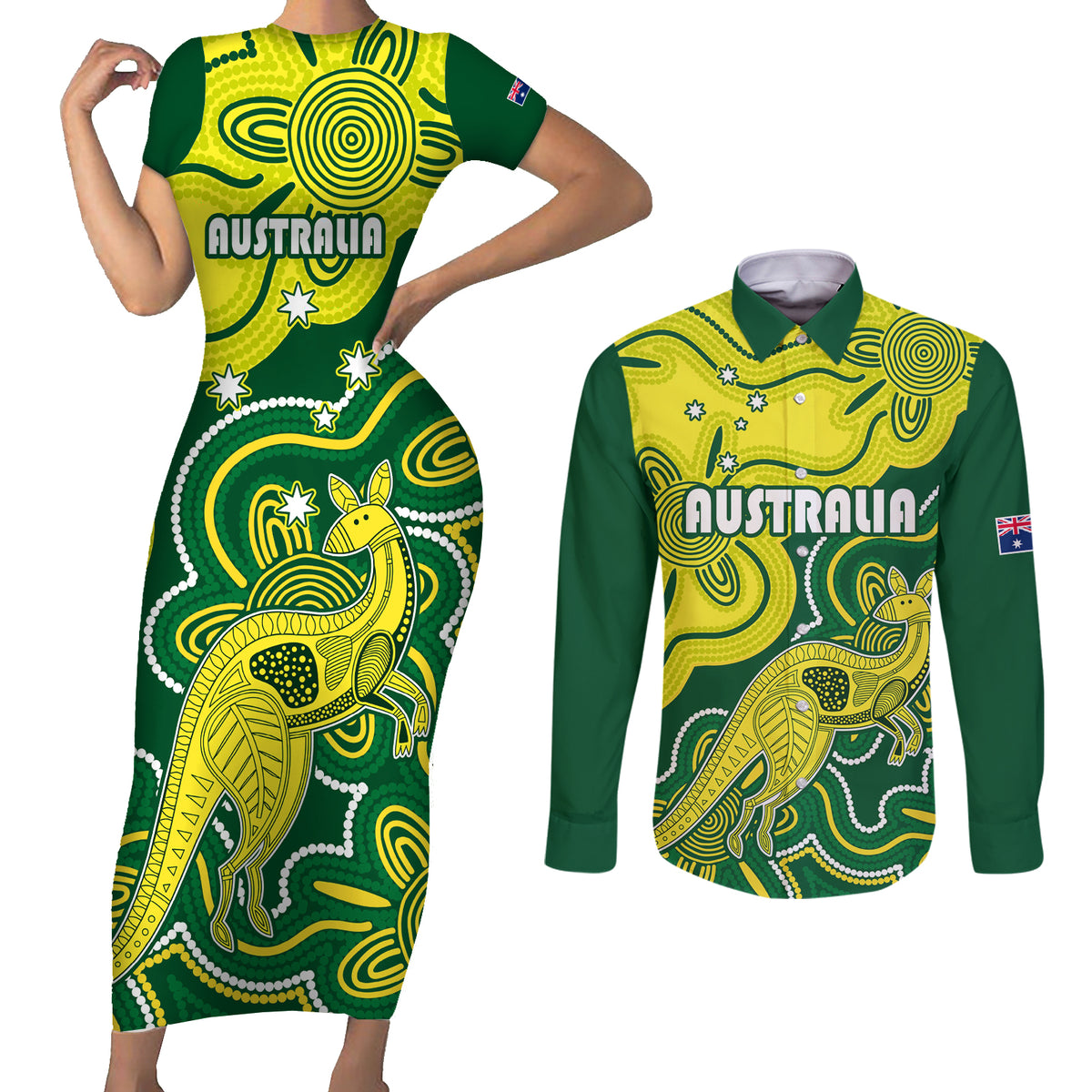 custom-australia-cricket-couples-matching-short-sleeve-bodycon-dress-and-long-sleeve-button-shirts-go-aussie-world-cup-2023-aboriginal-style-unique