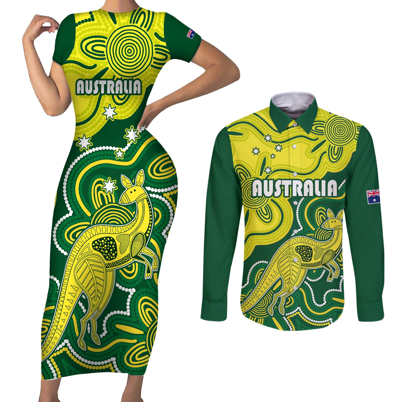 custom-australia-cricket-couples-matching-short-sleeve-bodycon-dress-and-long-sleeve-button-shirts-go-aussie-world-cup-2023-aboriginal-style-unique