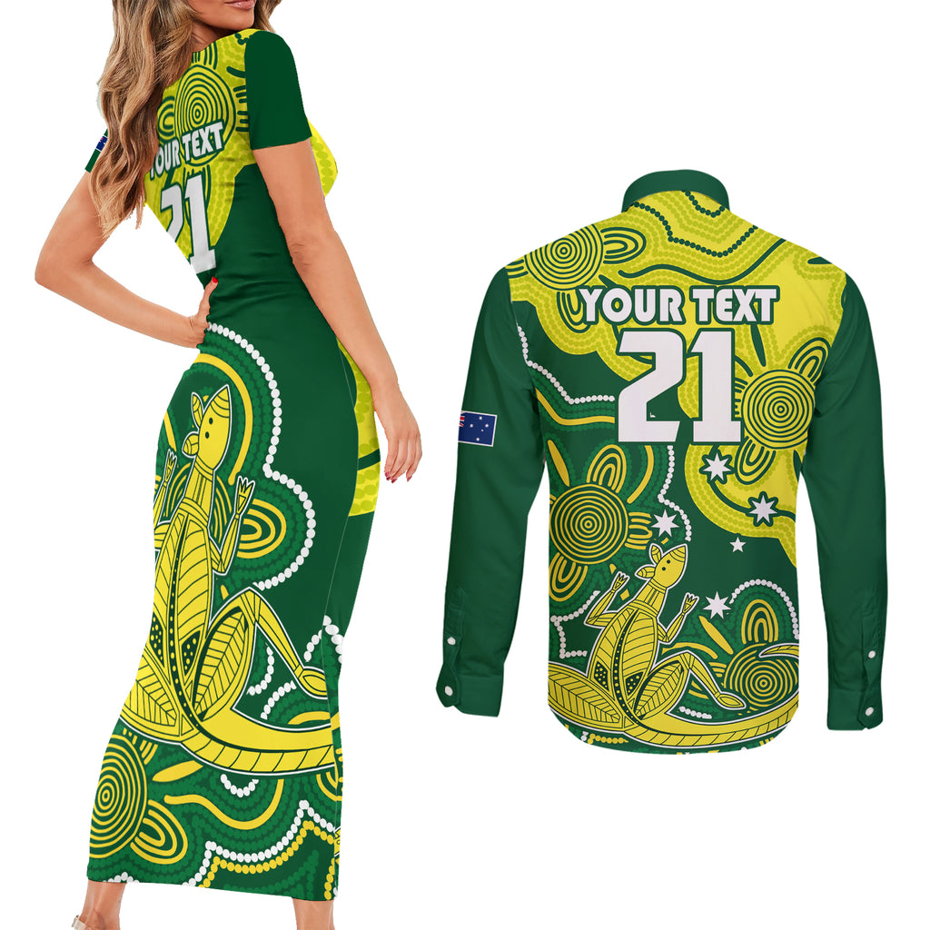 custom-australia-cricket-couples-matching-short-sleeve-bodycon-dress-and-long-sleeve-button-shirts-go-aussie-world-cup-2023-aboriginal-style-unique