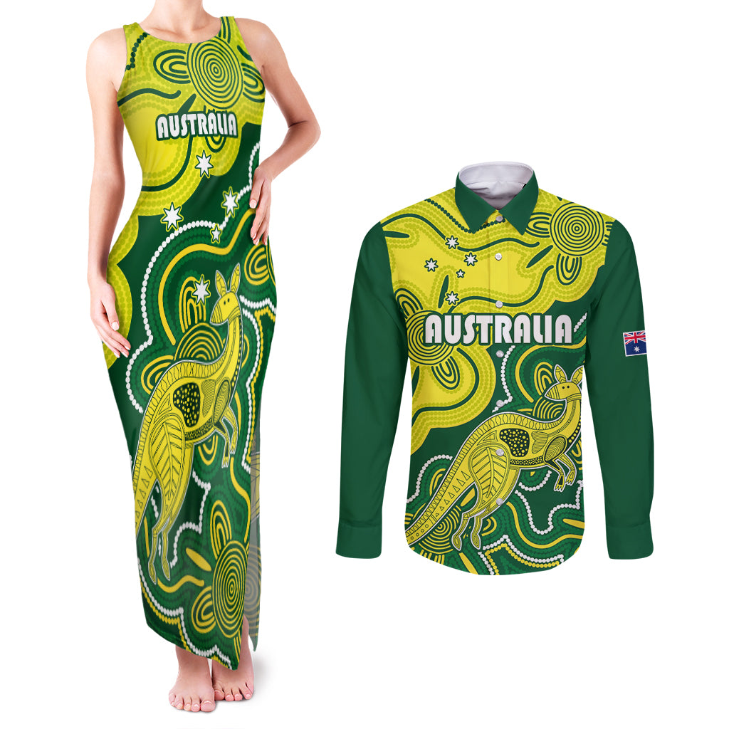 custom-australia-cricket-couples-matching-tank-maxi-dress-and-long-sleeve-button-shirts-go-aussie-world-cup-2023-aboriginal-style-unique