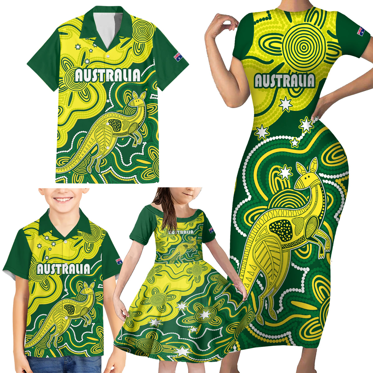 custom-australia-cricket-family-matching-short-sleeve-bodycon-dress-and-hawaiian-shirt-go-aussie-world-cup-2023-aboriginal-style-unique