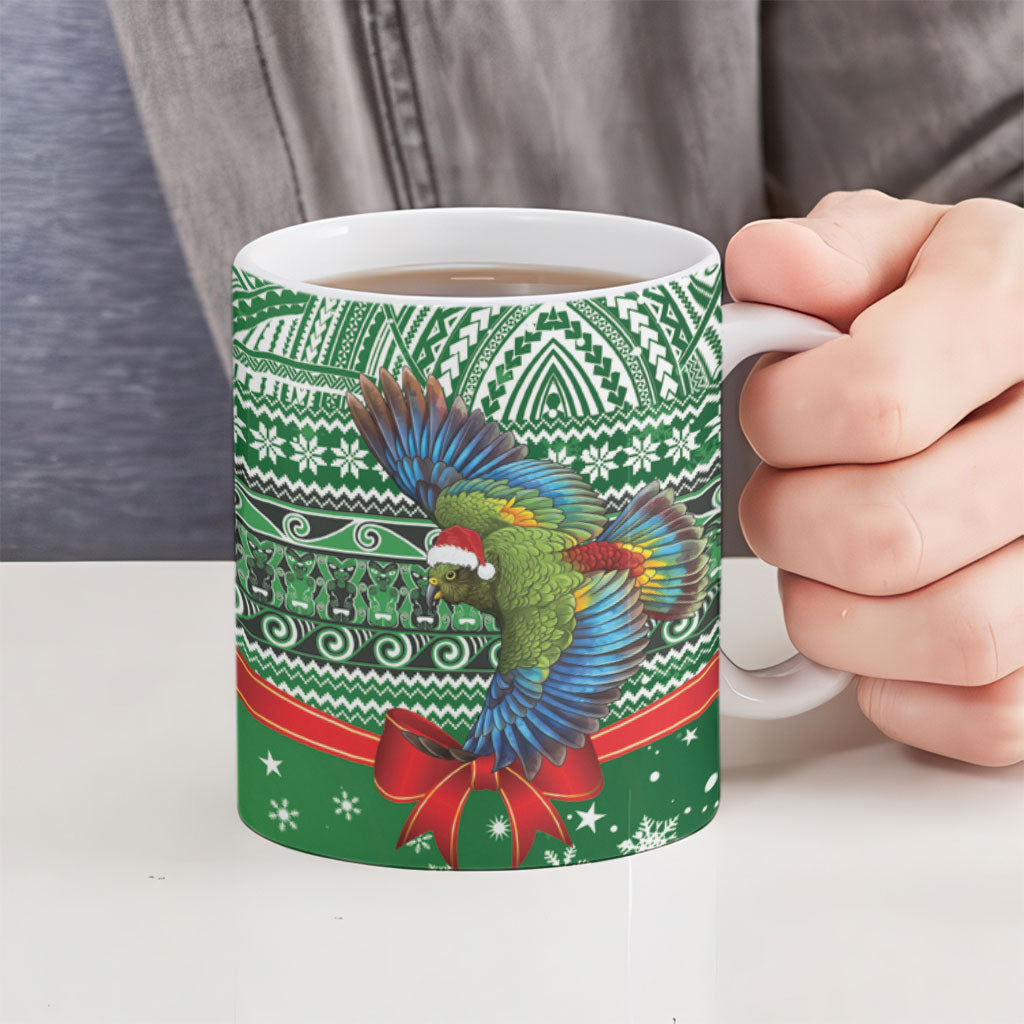 New Zealand Kea Bird Christmas Ceramic Mug Maori Inspired Knitted Patterns
