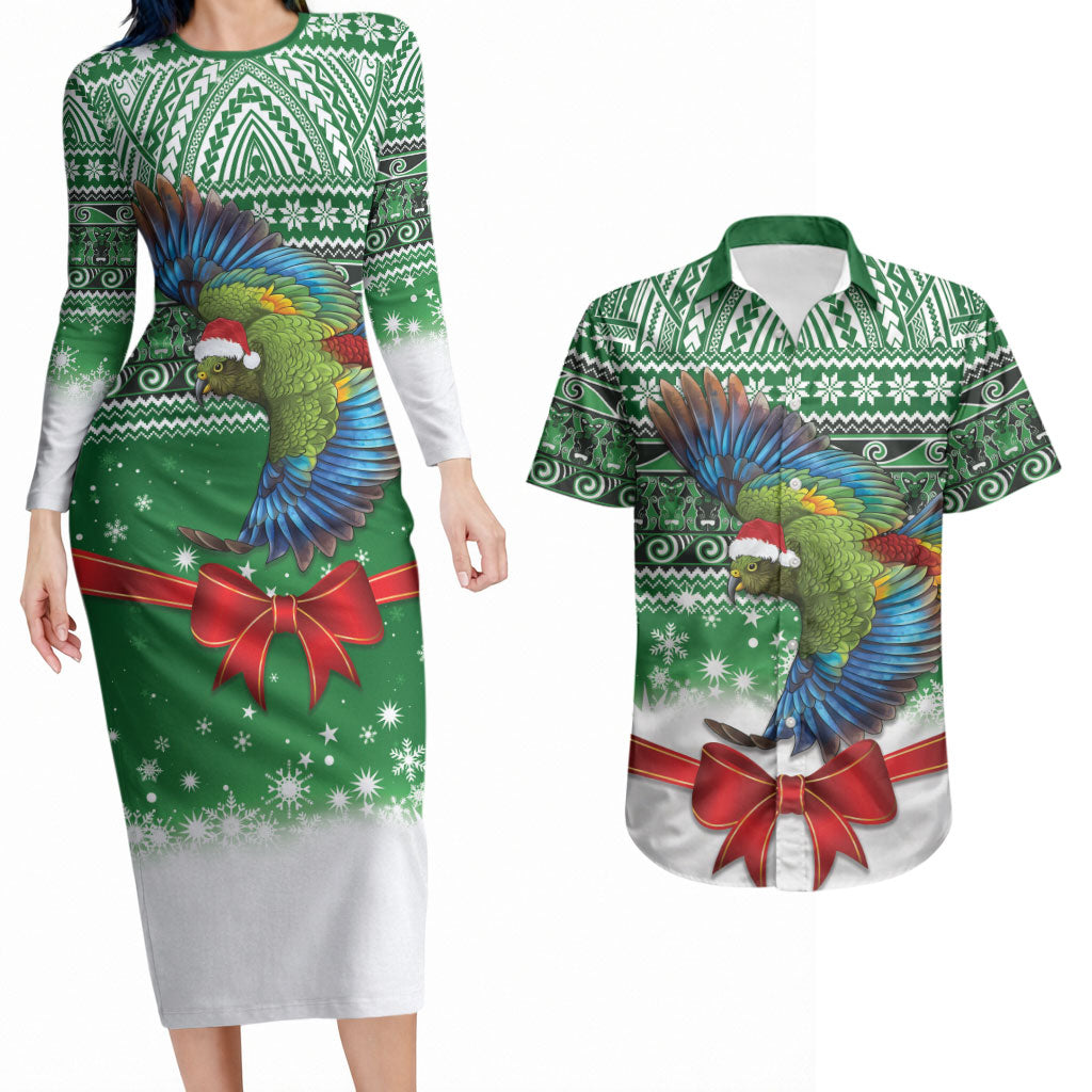 New Zealand Kea Bird Christmas Couples Matching Long Sleeve Bodycon Dress and Hawaiian Shirt Maori Inspired Knitted Patterns