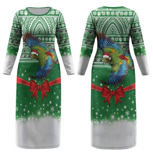 New Zealand Kea Bird Christmas Couples Matching Long Sleeve Bodycon Dress and Hawaiian Shirt Maori Inspired Knitted Patterns