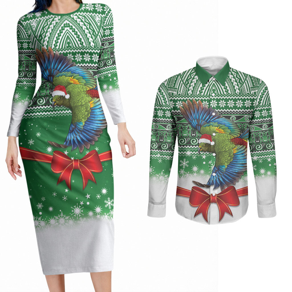New Zealand Kea Bird Christmas Couples Matching Long Sleeve Bodycon Dress and Long Sleeve Button Shirt Maori Inspired Knitted Patterns