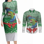 New Zealand Kea Bird Christmas Couples Matching Long Sleeve Bodycon Dress and Long Sleeve Button Shirt Maori Inspired Knitted Patterns