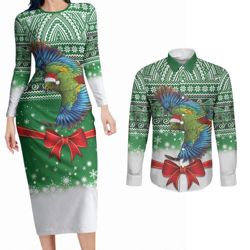 New Zealand Kea Bird Christmas Couples Matching Long Sleeve Bodycon Dress and Long Sleeve Button Shirt Maori Inspired Knitted Patterns