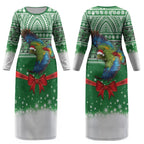 New Zealand Kea Bird Christmas Couples Matching Long Sleeve Bodycon Dress and Long Sleeve Button Shirt Maori Inspired Knitted Patterns