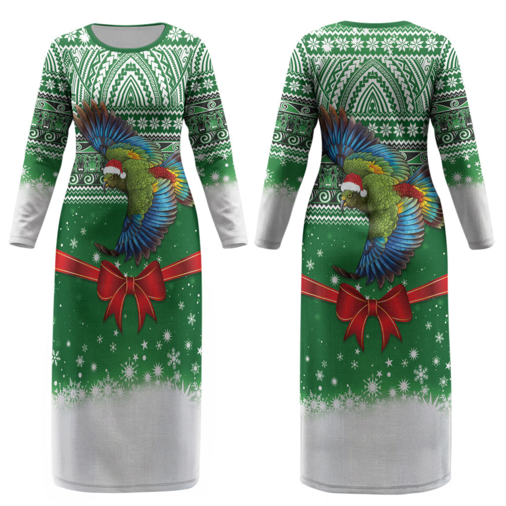 New Zealand Kea Bird Christmas Couples Matching Long Sleeve Bodycon Dress and Long Sleeve Button Shirt Maori Inspired Knitted Patterns