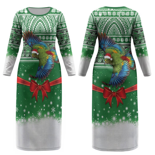 New Zealand Kea Bird Christmas Couples Matching Long Sleeve Bodycon Dress and Long Sleeve Button Shirt Maori Inspired Knitted Patterns