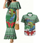 New Zealand Kea Bird Christmas Couples Matching Mermaid Dress and Hawaiian Shirt Maori Inspired Knitted Patterns