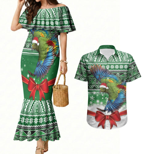 New Zealand Kea Bird Christmas Couples Matching Mermaid Dress and Hawaiian Shirt Maori Inspired Knitted Patterns