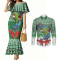 New Zealand Kea Bird Christmas Couples Matching Mermaid Dress and Long Sleeve Button Shirt Maori Inspired Knitted Patterns