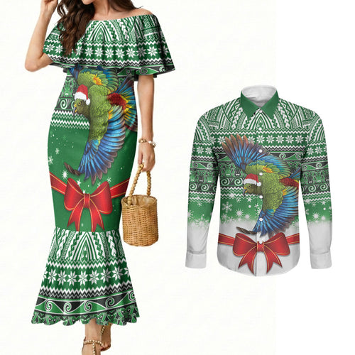 New Zealand Kea Bird Christmas Couples Matching Mermaid Dress and Long Sleeve Button Shirt Maori Inspired Knitted Patterns