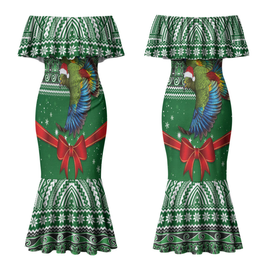 New Zealand Kea Bird Christmas Couples Matching Mermaid Dress and Long Sleeve Button Shirt Maori Inspired Knitted Patterns