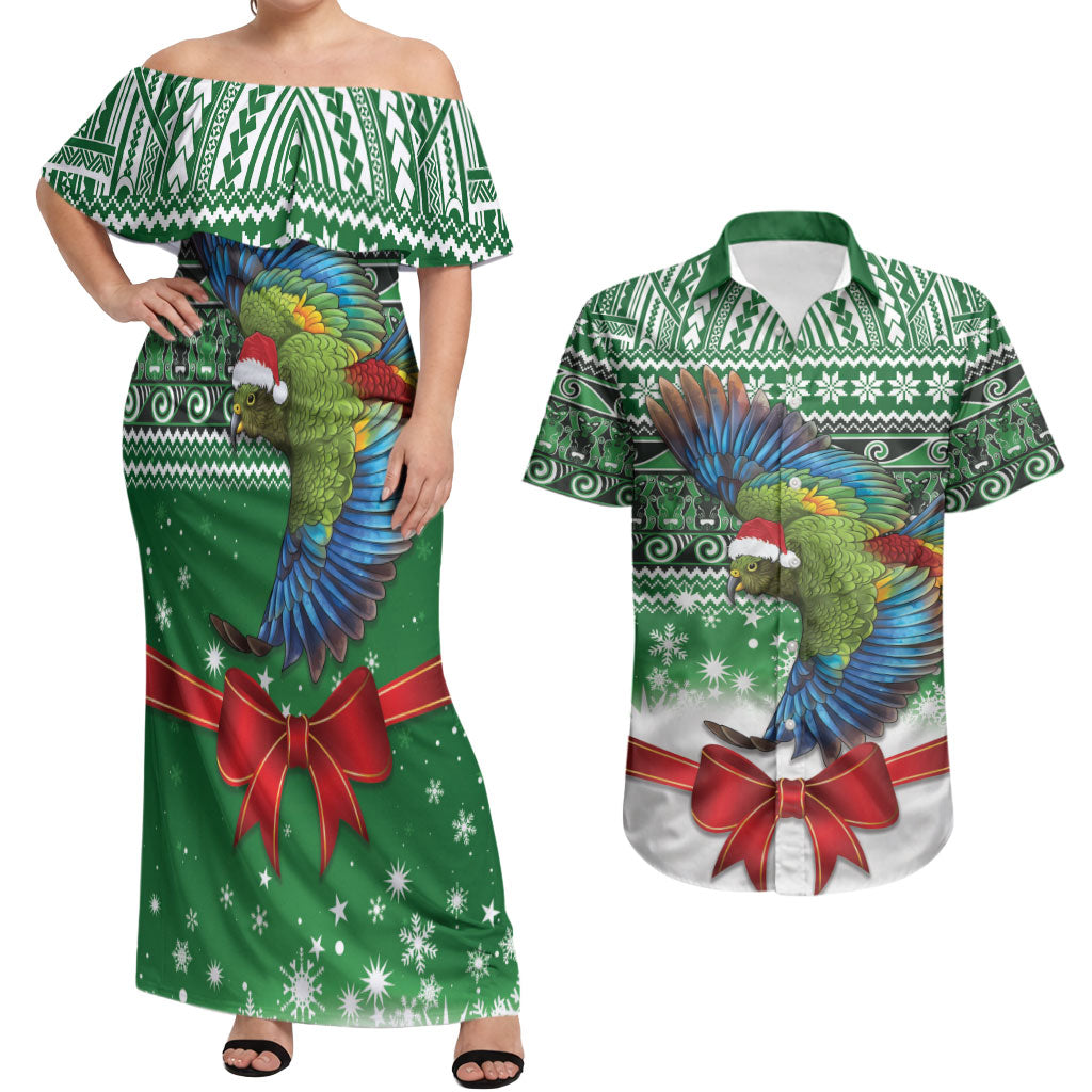 New Zealand Kea Bird Christmas Couples Matching Off Shoulder Maxi Dress and Hawaiian Shirt Maori Inspired Knitted Patterns