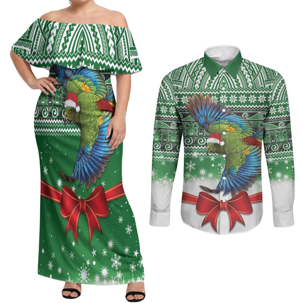 New Zealand Kea Bird Christmas Couples Matching Off Shoulder Maxi Dress and Long Sleeve Button Shirt Maori Inspired Knitted Patterns