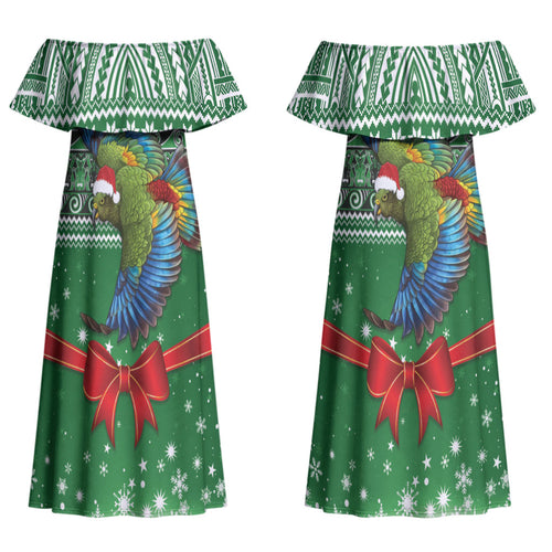 New Zealand Kea Bird Christmas Couples Matching Off Shoulder Maxi Dress and Long Sleeve Button Shirt Maori Inspired Knitted Patterns