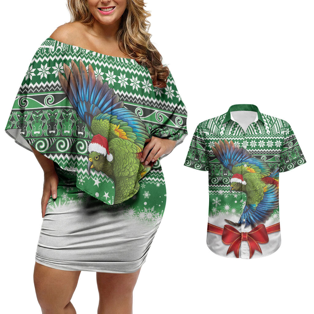 New Zealand Kea Bird Christmas Couples Matching Off Shoulder Short Dress and Hawaiian Shirt Maori Inspired Knitted Patterns