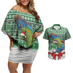 New Zealand Kea Bird Christmas Couples Matching Off Shoulder Short Dress and Hawaiian Shirt Maori Inspired Knitted Patterns