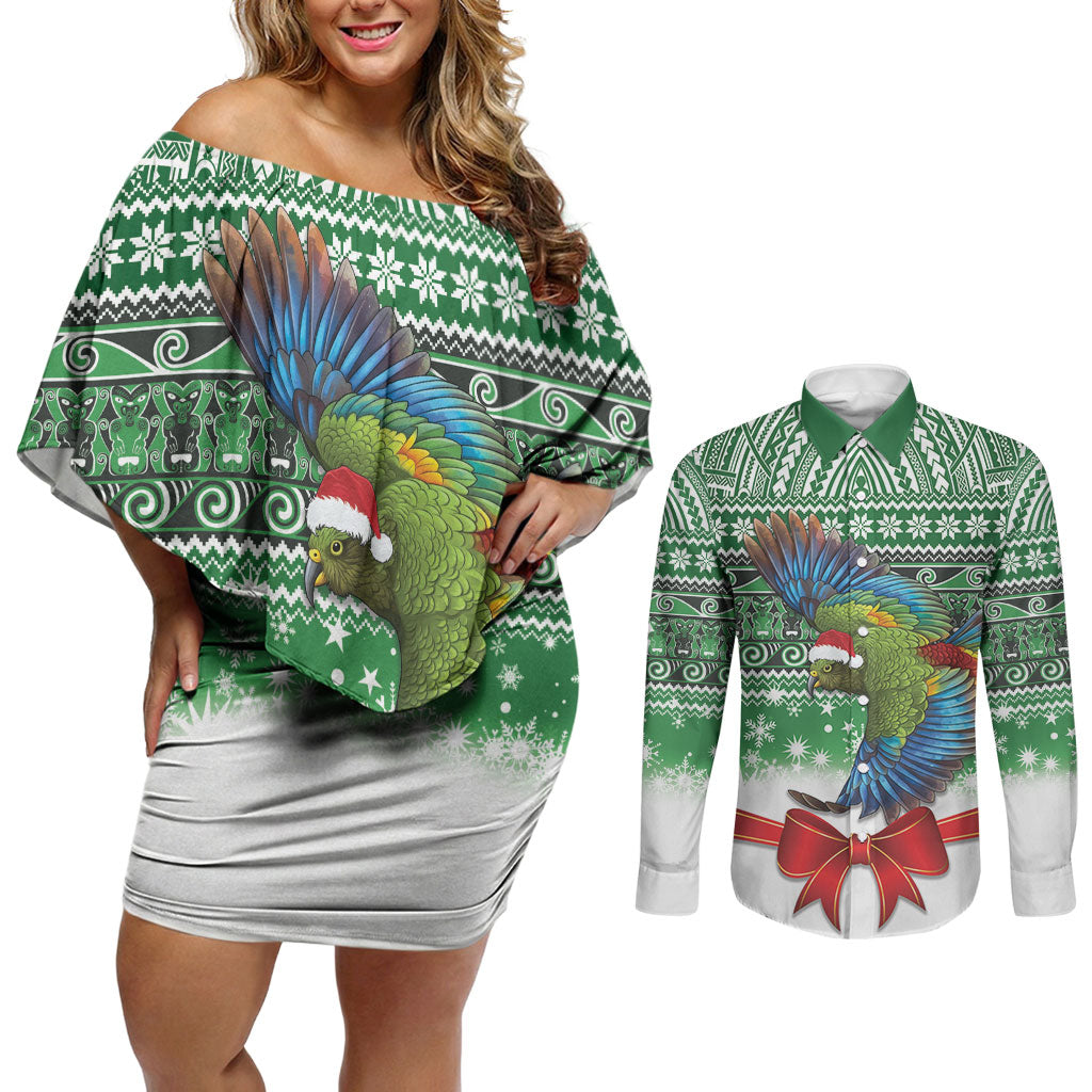 New Zealand Kea Bird Christmas Couples Matching Off Shoulder Short Dress and Long Sleeve Button Shirt Maori Inspired Knitted Patterns