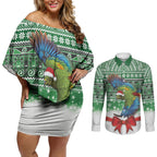 New Zealand Kea Bird Christmas Couples Matching Off Shoulder Short Dress and Long Sleeve Button Shirt Maori Inspired Knitted Patterns