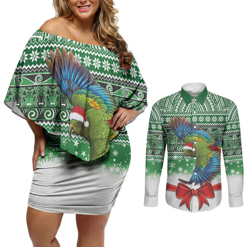 New Zealand Kea Bird Christmas Couples Matching Off Shoulder Short Dress and Long Sleeve Button Shirt Maori Inspired Knitted Patterns