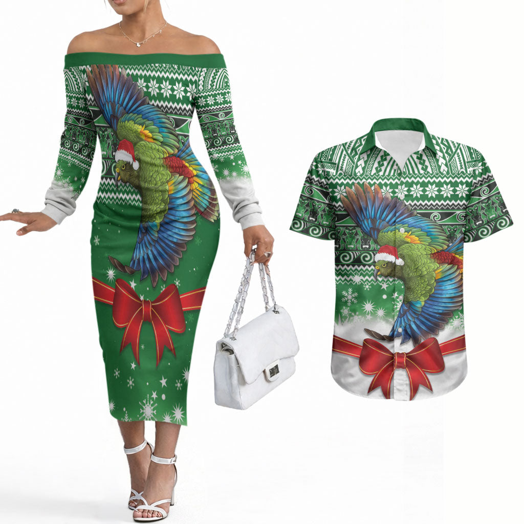 New Zealand Kea Bird Christmas Couples Matching Off The Shoulder Long Sleeve Dress and Hawaiian Shirt Maori Inspired Knitted Patterns