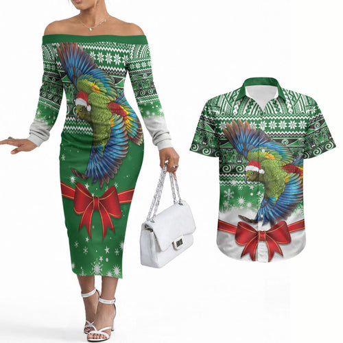 New Zealand Kea Bird Christmas Couples Matching Off The Shoulder Long Sleeve Dress and Hawaiian Shirt Maori Inspired Knitted Patterns