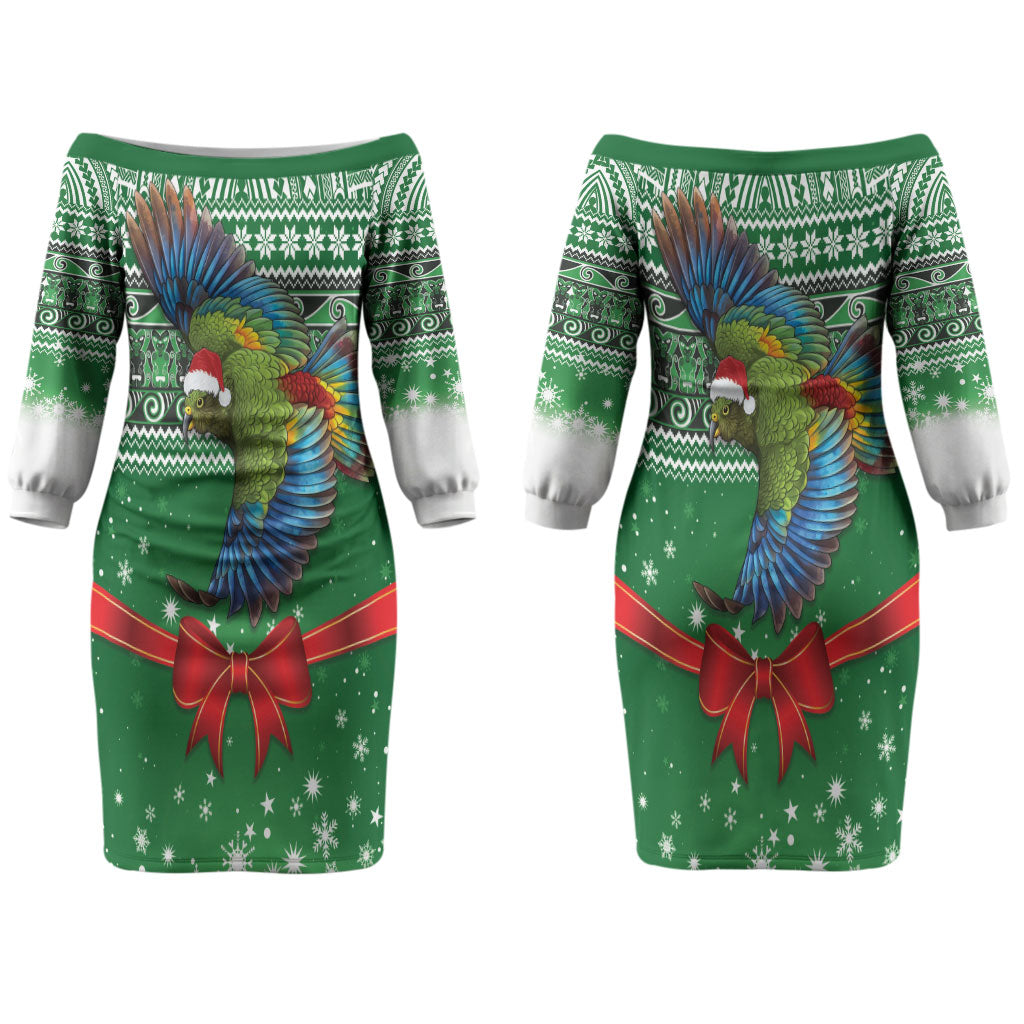 New Zealand Kea Bird Christmas Couples Matching Off The Shoulder Long Sleeve Dress and Hawaiian Shirt Maori Inspired Knitted Patterns
