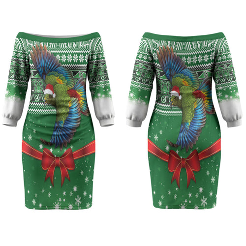 New Zealand Kea Bird Christmas Couples Matching Off The Shoulder Long Sleeve Dress and Hawaiian Shirt Maori Inspired Knitted Patterns