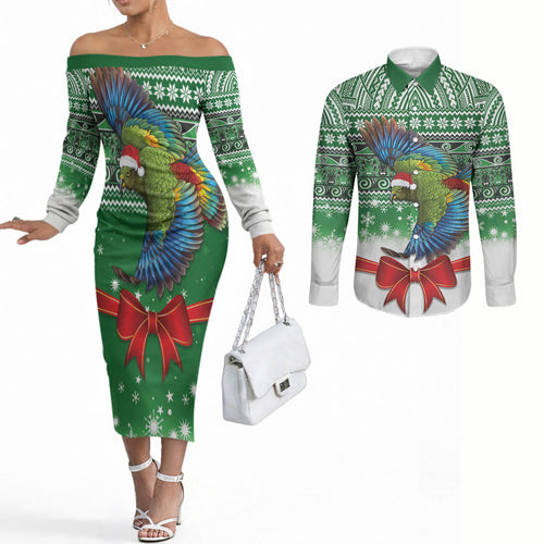 New Zealand Kea Bird Christmas Couples Matching Off The Shoulder Long Sleeve Dress and Long Sleeve Button Shirt Maori Inspired Knitted Patterns
