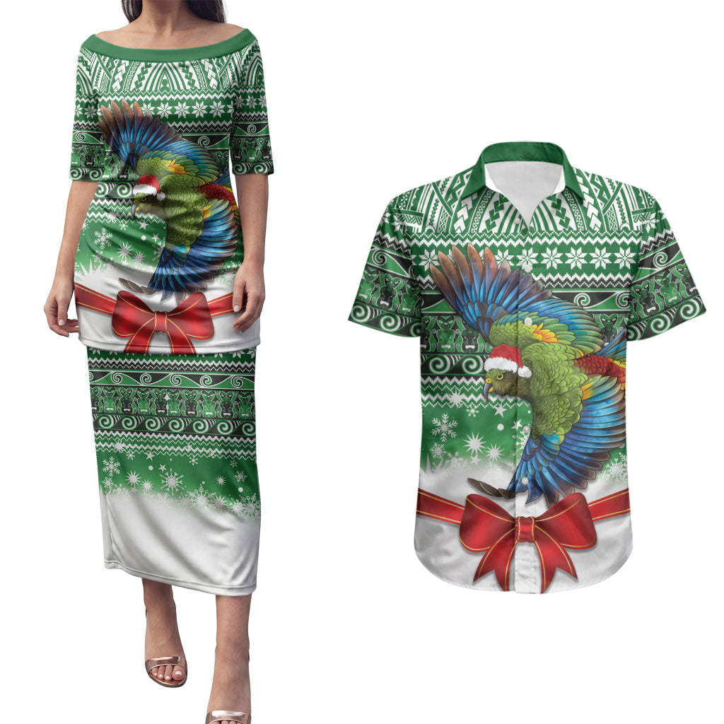 New Zealand Kea Bird Christmas Couples Matching Puletasi and Hawaiian Shirt Maori Inspired Knitted Patterns