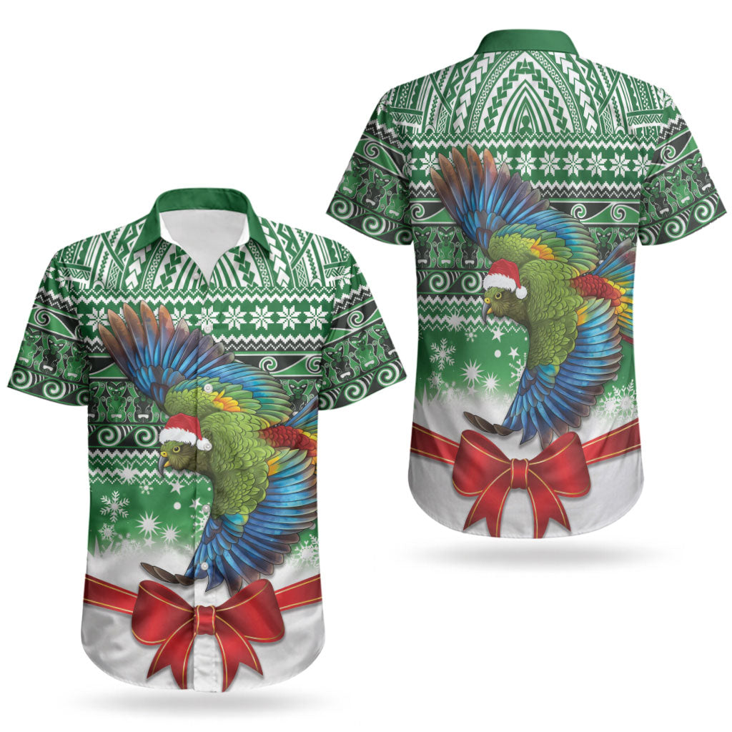 New Zealand Kea Bird Christmas Couples Matching Puletasi and Hawaiian Shirt Maori Inspired Knitted Patterns