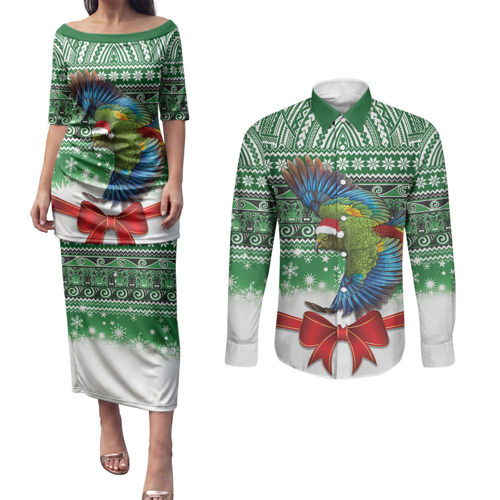 New Zealand Kea Bird Christmas Couples Matching Puletasi and Long Sleeve Button Shirt Maori Inspired Knitted Patterns