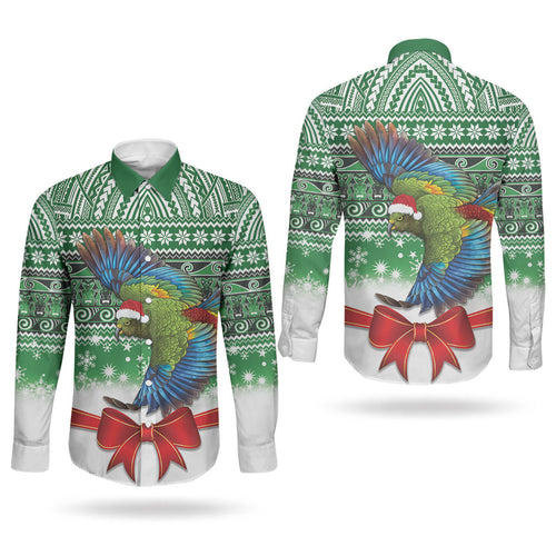 New Zealand Kea Bird Christmas Couples Matching Puletasi and Long Sleeve Button Shirt Maori Inspired Knitted Patterns
