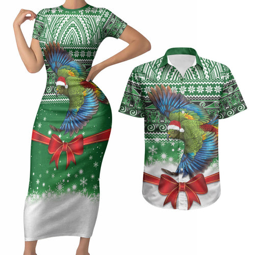 New Zealand Kea Bird Christmas Couples Matching Short Sleeve Bodycon Dress and Hawaiian Shirt Maori Inspired Knitted Patterns