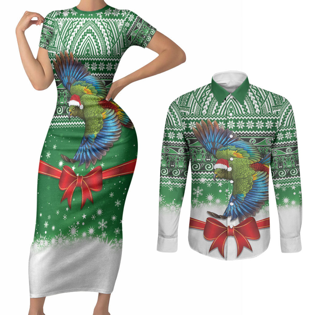 New Zealand Kea Bird Christmas Couples Matching Short Sleeve Bodycon Dress and Long Sleeve Button Shirt Maori Inspired Knitted Patterns