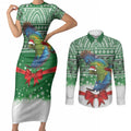 New Zealand Kea Bird Christmas Couples Matching Short Sleeve Bodycon Dress and Long Sleeve Button Shirt Maori Inspired Knitted Patterns