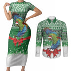 New Zealand Kea Bird Christmas Couples Matching Short Sleeve Bodycon Dress and Long Sleeve Button Shirt Maori Inspired Knitted Patterns