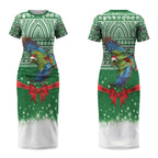 New Zealand Kea Bird Christmas Couples Matching Short Sleeve Bodycon Dress and Long Sleeve Button Shirt Maori Inspired Knitted Patterns