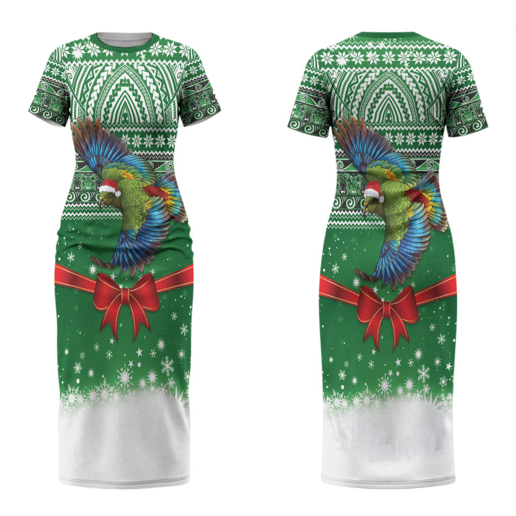 New Zealand Kea Bird Christmas Couples Matching Short Sleeve Bodycon Dress and Long Sleeve Button Shirt Maori Inspired Knitted Patterns