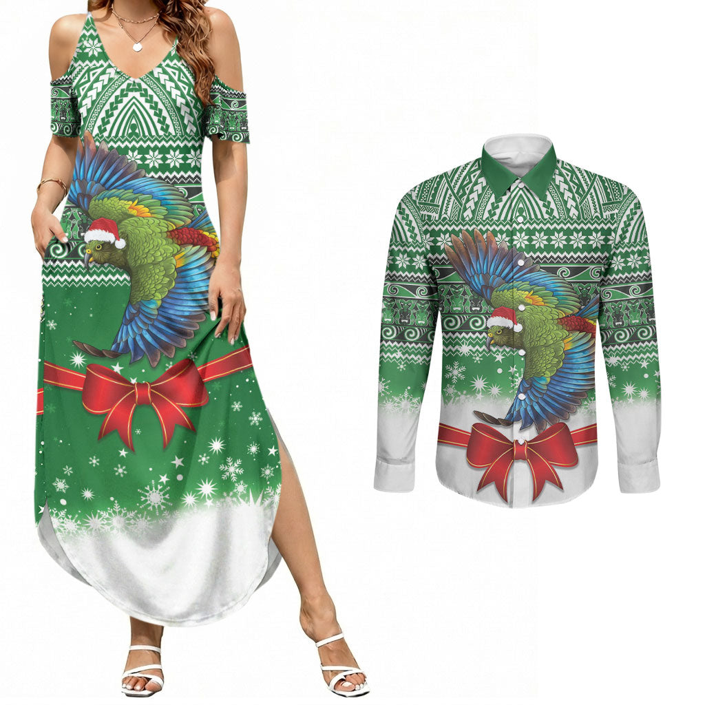 New Zealand Kea Bird Christmas Couples Matching Summer Maxi Dress and Long Sleeve Button Shirt Maori Inspired Knitted Patterns