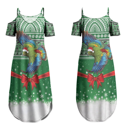New Zealand Kea Bird Christmas Couples Matching Summer Maxi Dress and Long Sleeve Button Shirt Maori Inspired Knitted Patterns
