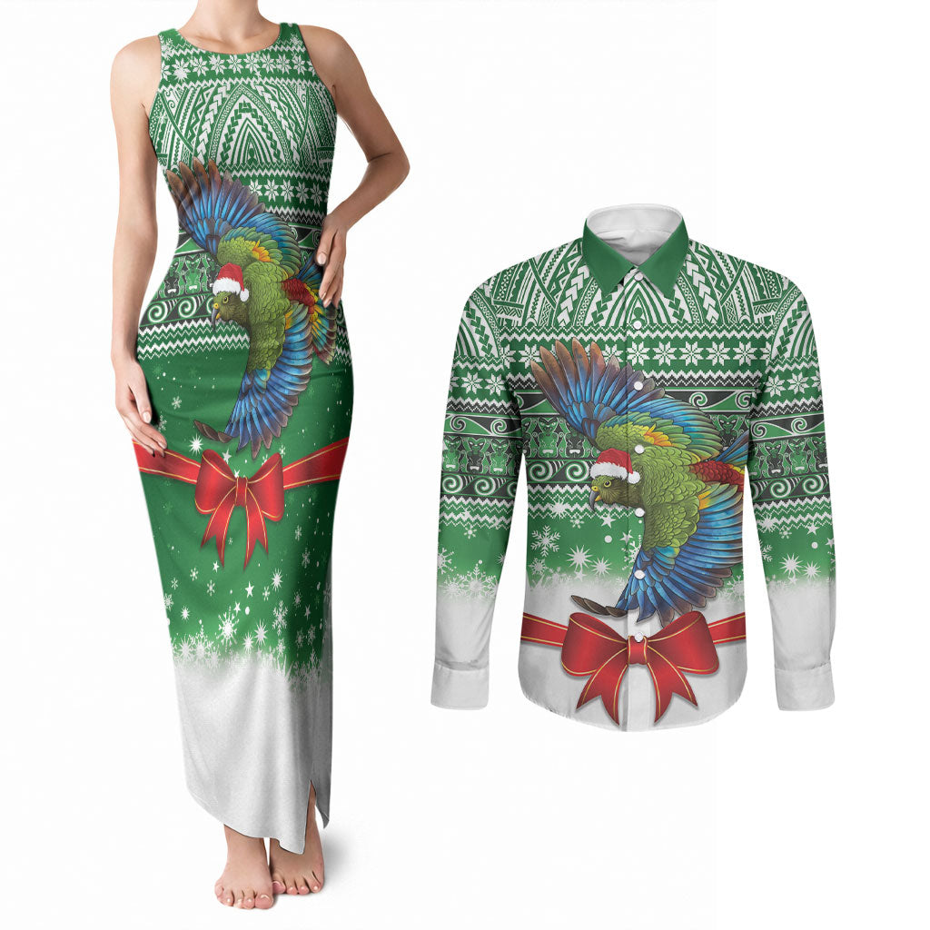 New Zealand Kea Bird Christmas Couples Matching Tank Maxi Dress and Long Sleeve Button Shirt Maori Inspired Knitted Patterns