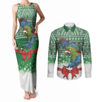 New Zealand Kea Bird Christmas Couples Matching Tank Maxi Dress and Long Sleeve Button Shirt Maori Inspired Knitted Patterns