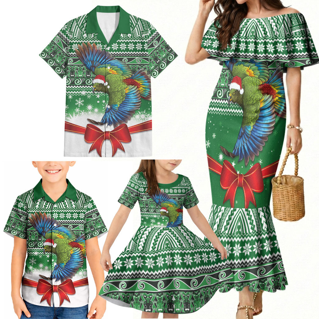 New Zealand Kea Bird Christmas Family Matching Mermaid Dress and Hawaiian Shirt Maori Inspired Knitted Patterns