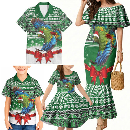 New Zealand Kea Bird Christmas Family Matching Mermaid Dress and Hawaiian Shirt Maori Inspired Knitted Patterns